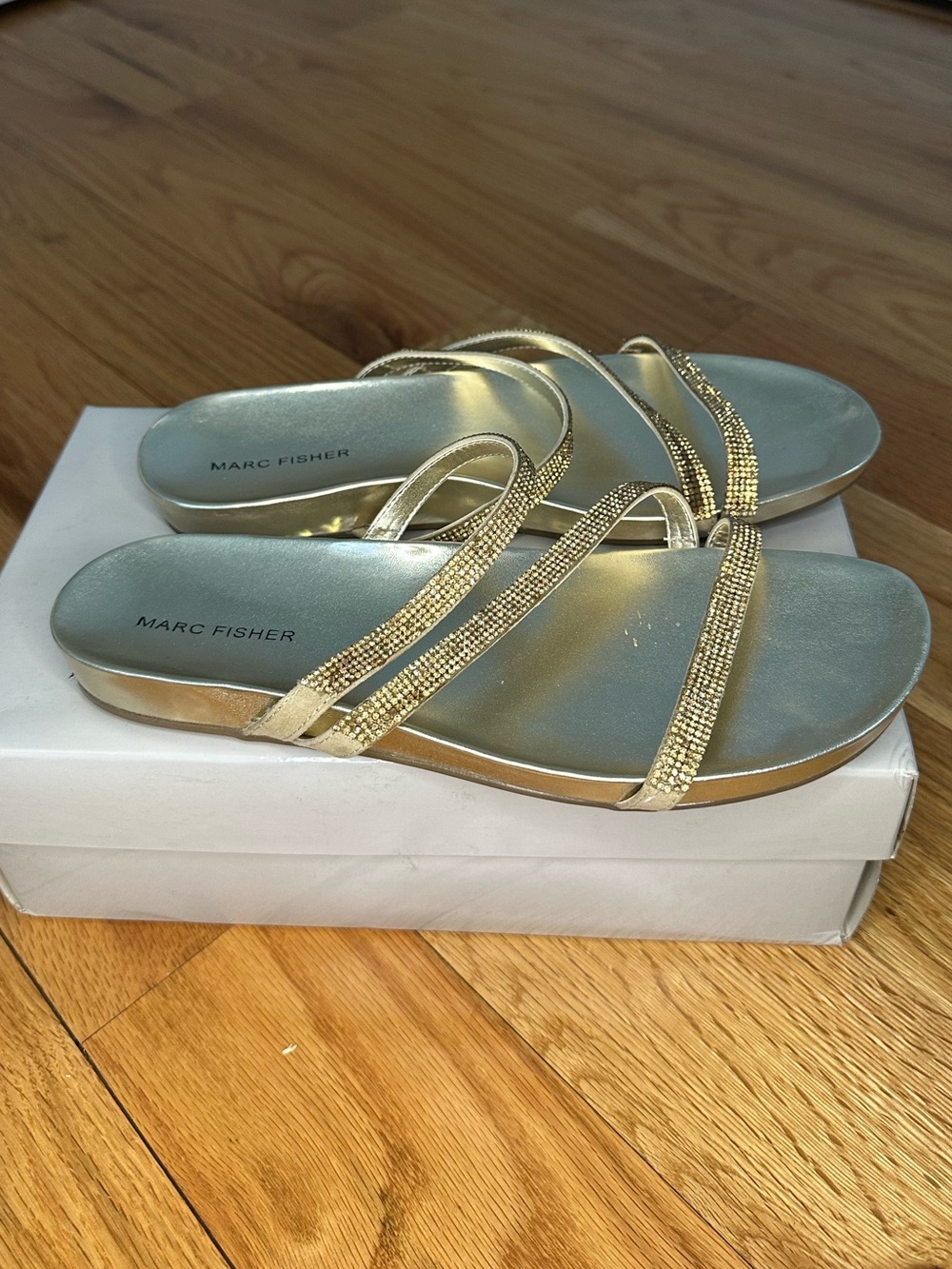 Marc Fisher Metallic Gold Rhinestone-Strap Slide Sandals